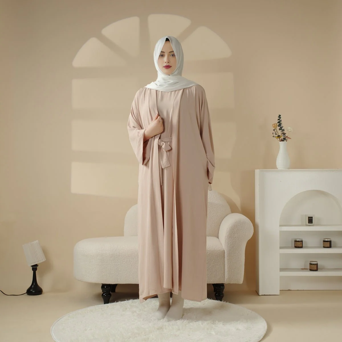 Open Crepe Abaya With Inner Dress & Matching Belt (MOA087) - Image 5