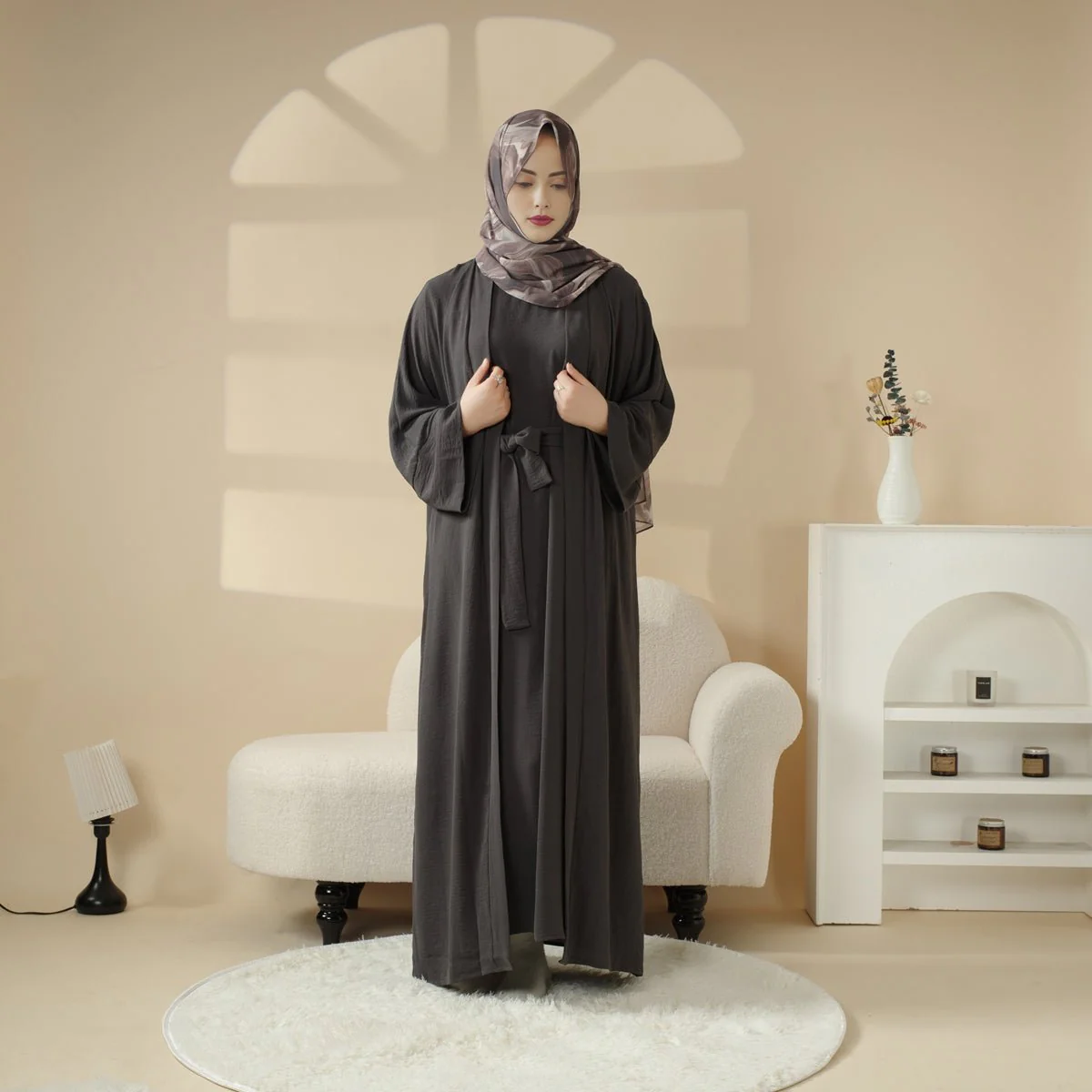 Open Crepe Abaya With Inner Dress & Matching Belt (MOA087) - Image 6