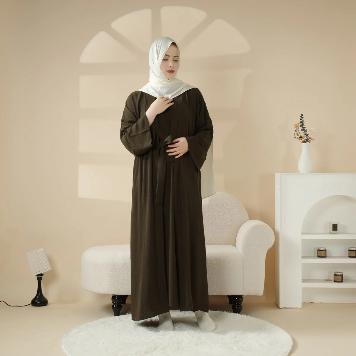 Open Crepe Abaya With Inner Dress & Matching Belt (MOA087) - Image 7