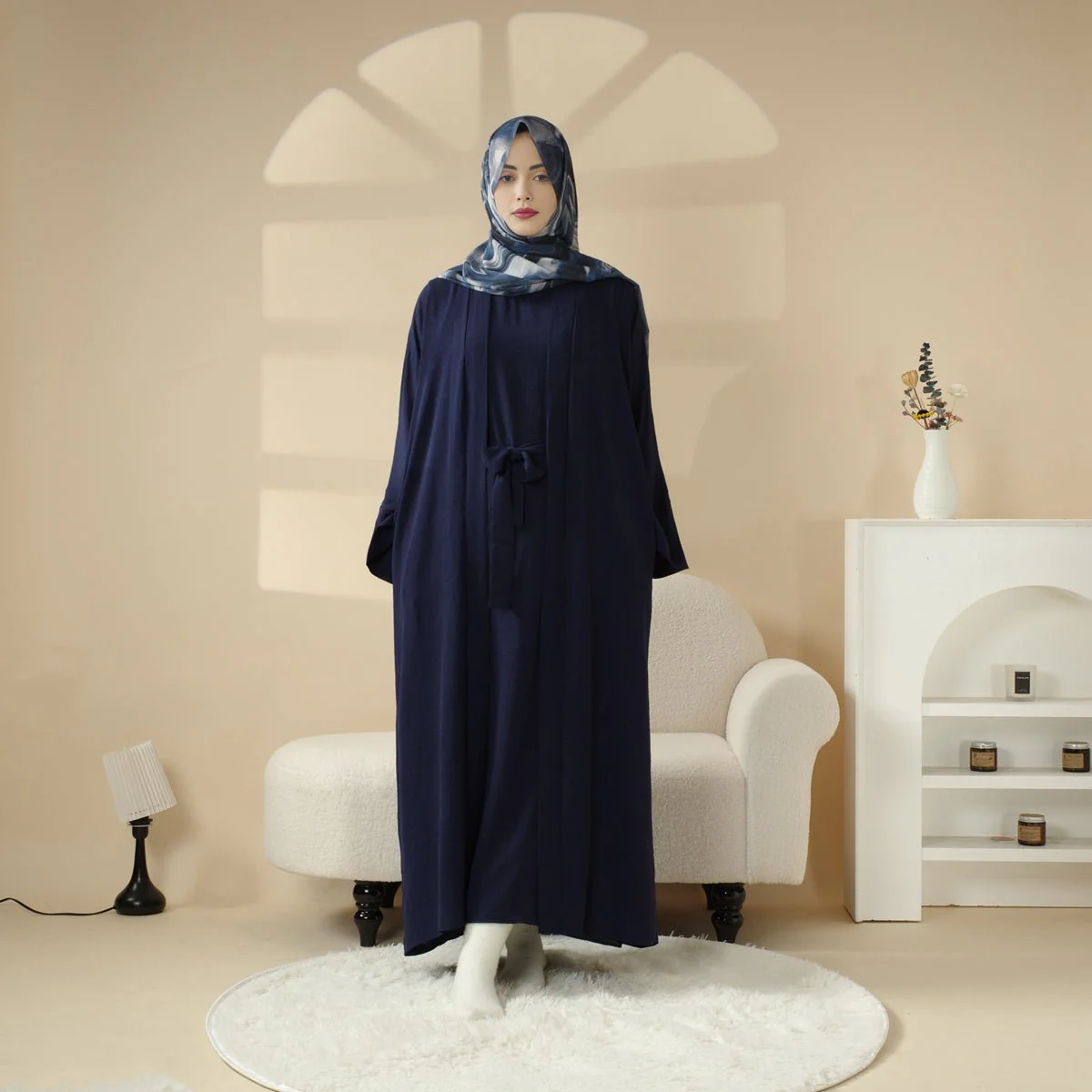 Open Crepe Abaya With Inner Dress & Matching Belt (MOA087) - Image 8