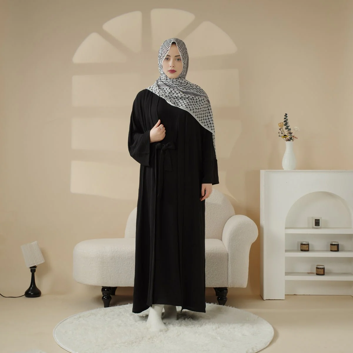 Open Crepe Abaya With Inner Dress & Matching Belt (MOA087) - Image 9