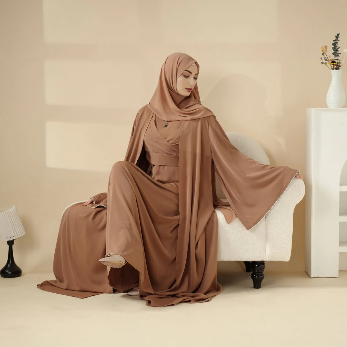 Open Kimono Abaya Set, Kimono Style Abaya 3-Piece Set (MOA094) - Image 3