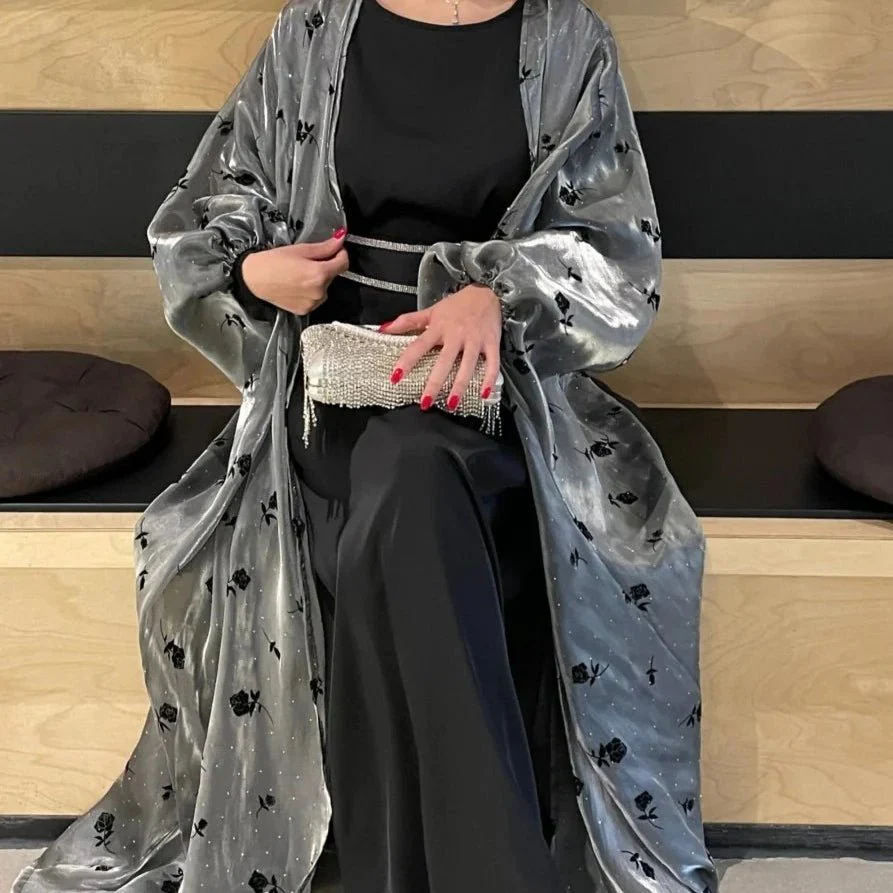 Organza Rose Flower Embroidery Butterfly Open Abaya (MOA115) - Image 10