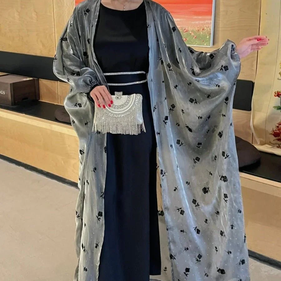 Organza Rose Flower Embroidery Butterfly Open Abaya (MOA115) - Image 11
