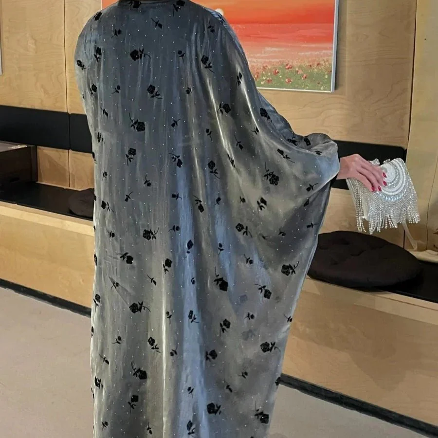 Organza Rose Flower Embroidery Butterfly Open Abaya (MOA115) - Image 12