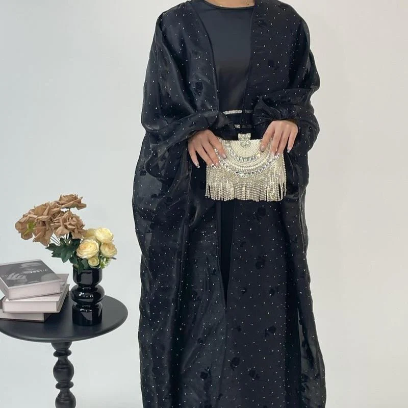 Organza Rose Flower Embroidery Butterfly Open Abaya (MOA115) - Image 14