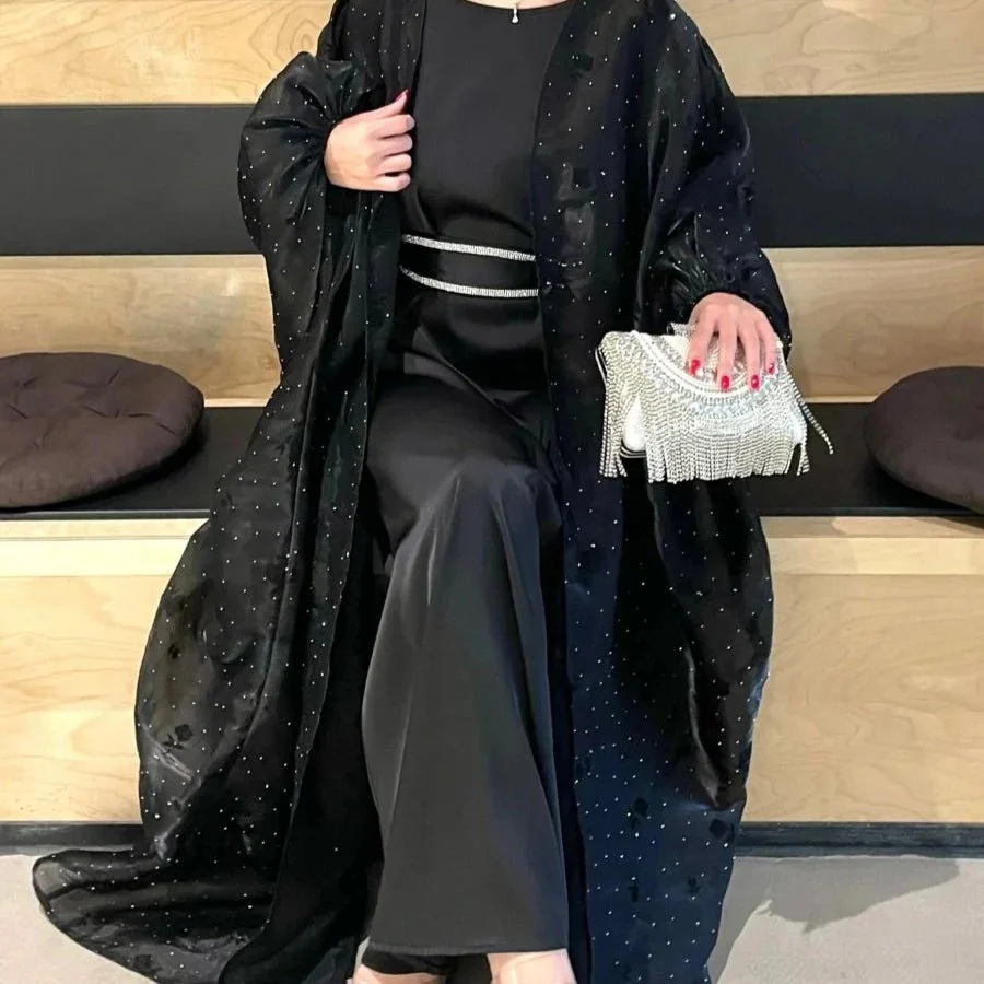 Organza Rose Flower Embroidery Butterfly Open Abaya (MOA115) - Image 3
