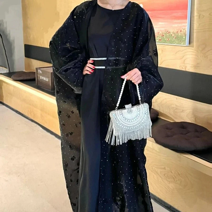 Organza Rose Flower Embroidery Butterfly Open Abaya (MOA115) - Image 4