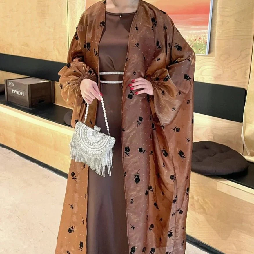 Organza Rose Flower Embroidery Butterfly Open Abaya (MOA115) - Image 5