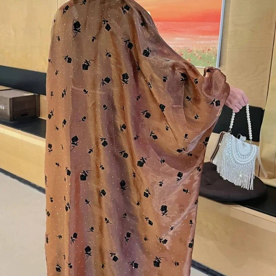 Organza Rose Flower Embroidery Butterfly Open Abaya (MOA115) - Image 6