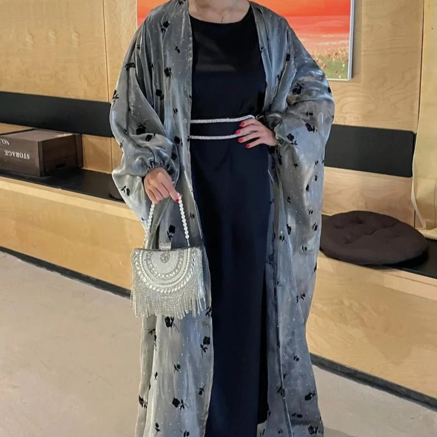 Organza Rose Flower Embroidery Butterfly Open Abaya (MOA115) - Image 9