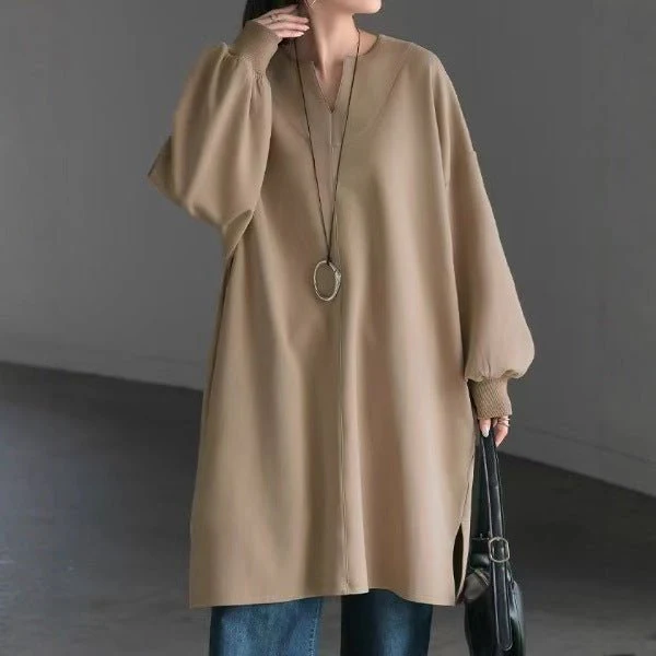 Oversized Cotton Sweatshirt Tunic | V-Neck Long Sleeve Pullover Top(MS210) - Image 4