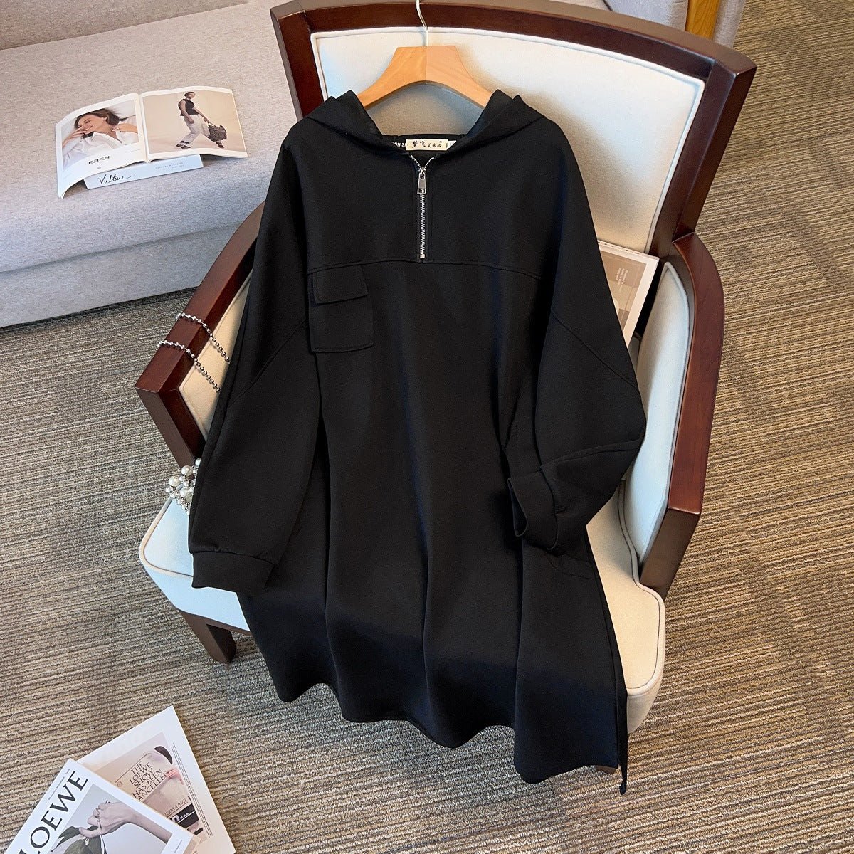 Oversized Half-Zip Hoodie Dress | Plus Size Midi Sweatshirt Dress(MS196) - Image 7