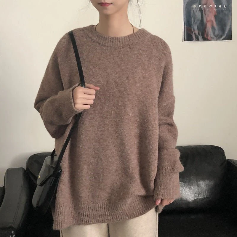 Oversized Round Neck Pullover Sweater | Solid Color Knit Base Layer Top(MS168) - Image 4