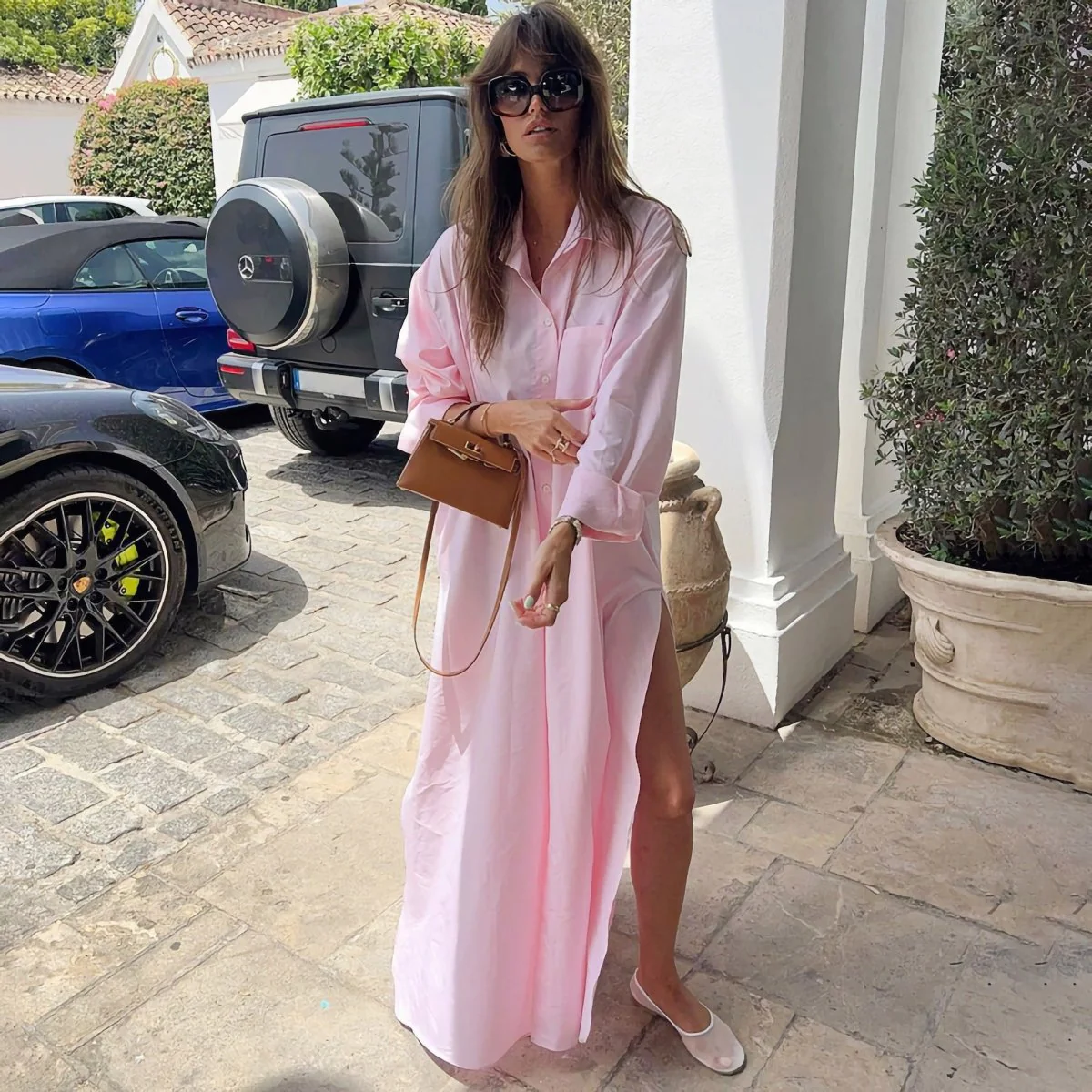 Oversized Shirt Dress with Side Slits(MS332) - Image 4