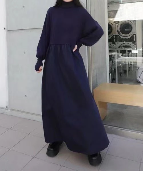 Oversized Turtleneck Maxi Dress | Bubble Sleeve Sweater Dress(MS180) - Image 3