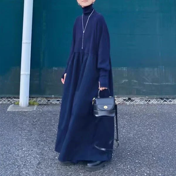 Oversized Turtleneck Maxi Dress | Bubble Sleeve Sweater Dress(MS180) - Image 4