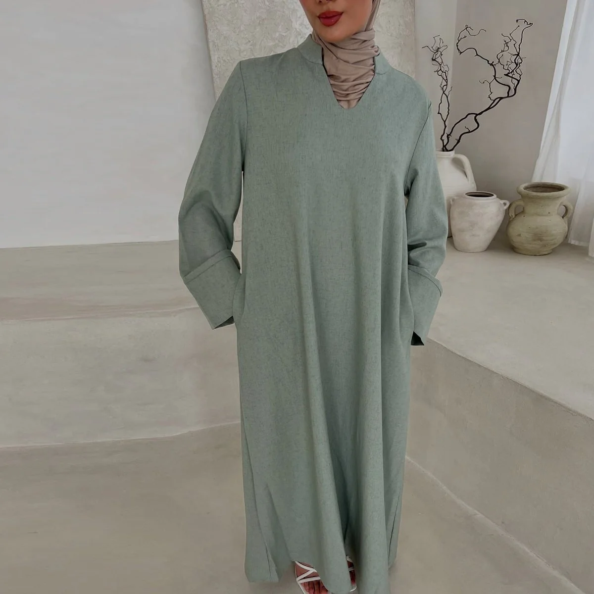 Oversized V-Neck Abaya with Pockets | Solid Color Maxi Dress with Wide Cuffs(MA331) - Image 15