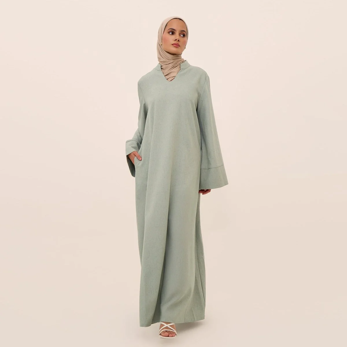 Oversized V-Neck Abaya with Pockets | Solid Color Maxi Dress with Wide Cuffs(MA331) - Image 16