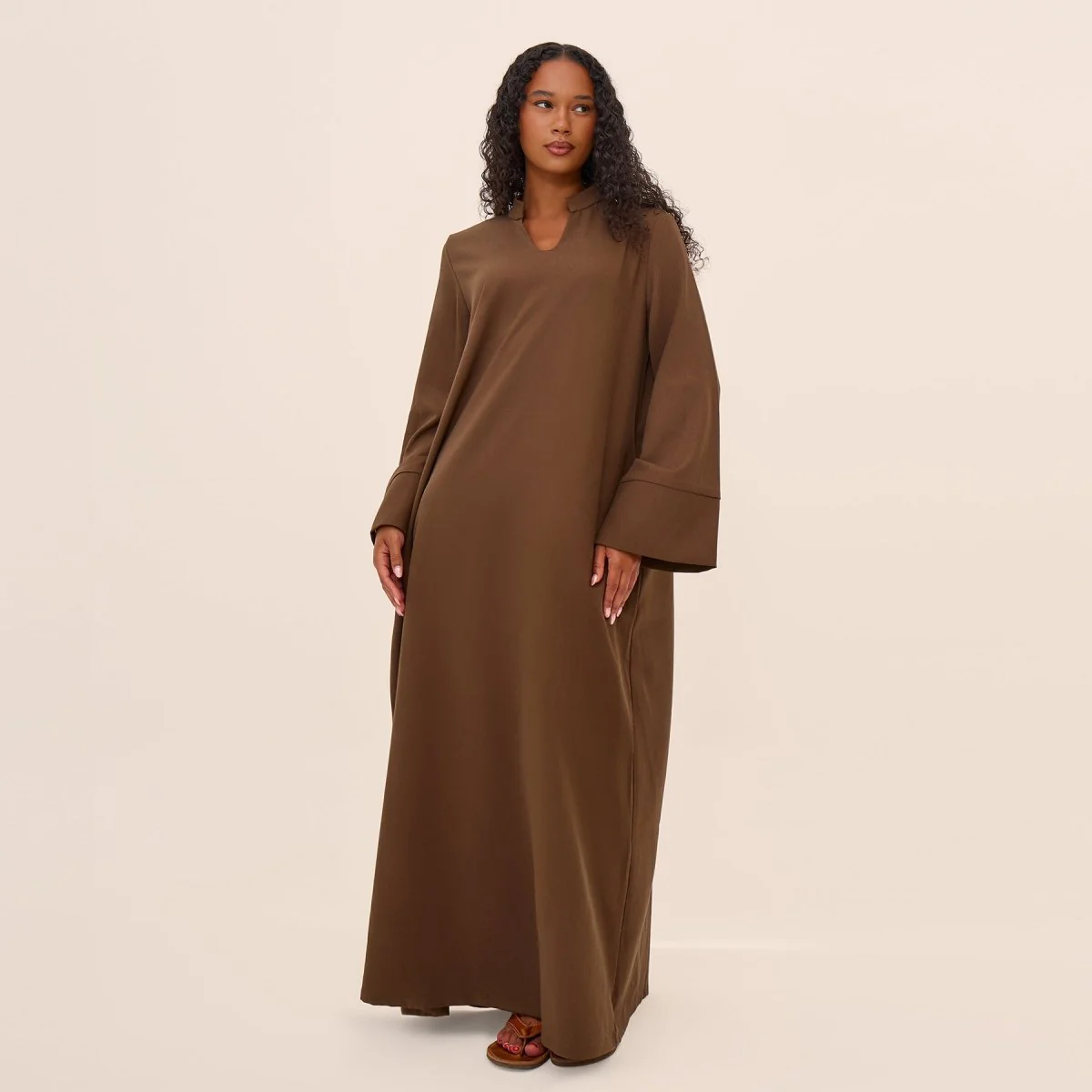 Oversized V-Neck Abaya with Pockets | Solid Color Maxi Dress with Wide Cuffs(MA331) - Image 4