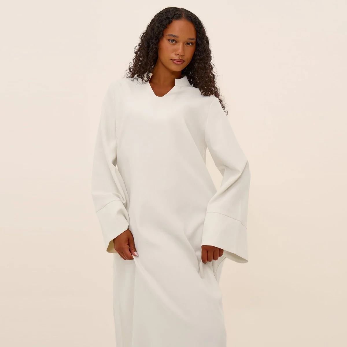 Oversized V-Neck Abaya with Pockets | Solid Color Maxi Dress with Wide Cuffs(MA331) - Image 8