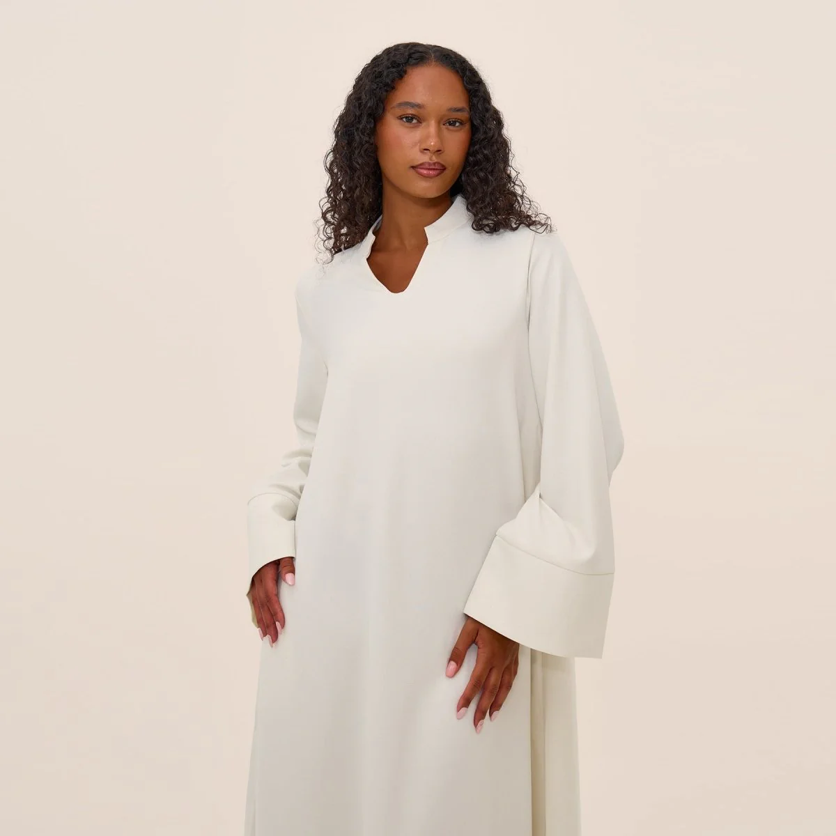 Oversized V-Neck Abaya with Pockets | Solid Color Maxi Dress with Wide Cuffs(MA331) - Image 9