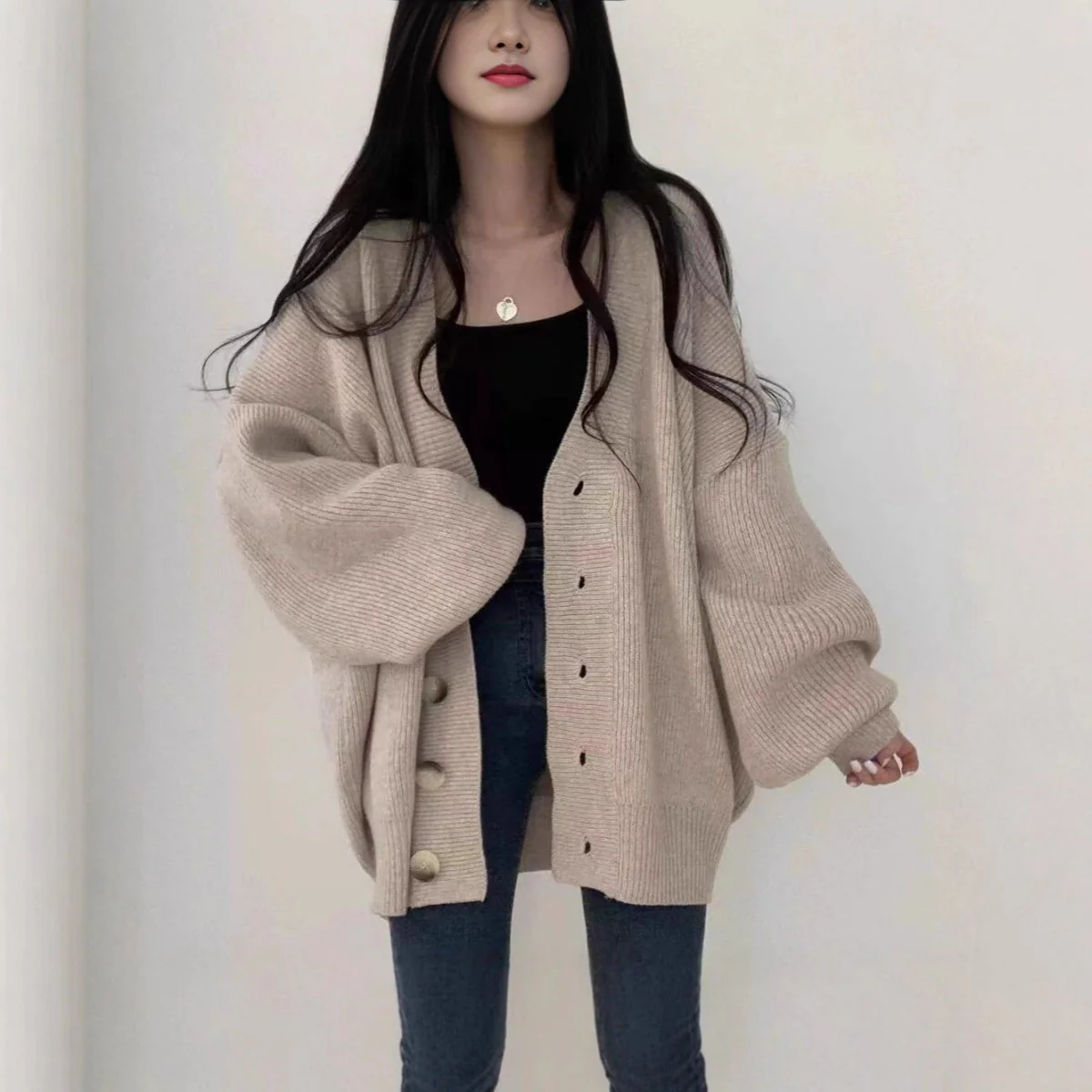 Oversized V-Neck Bubble Sleeve Cardigan(MS167) - Image 3