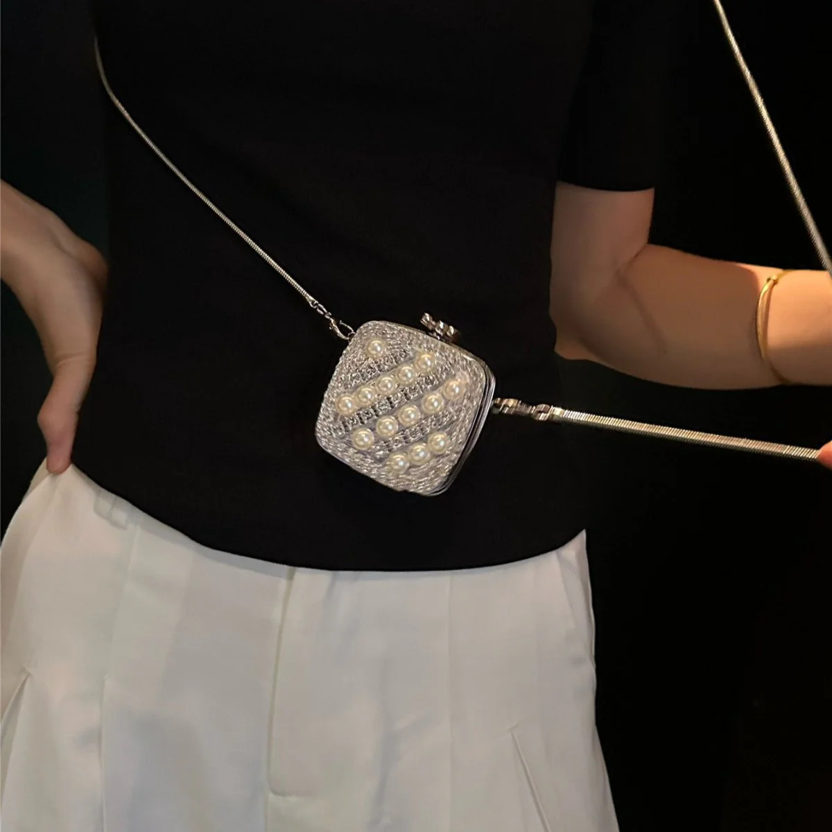 Palm-Sized Diamond Mini Clutch Silver Glamour Gala Bag (MAC281) - Image 7