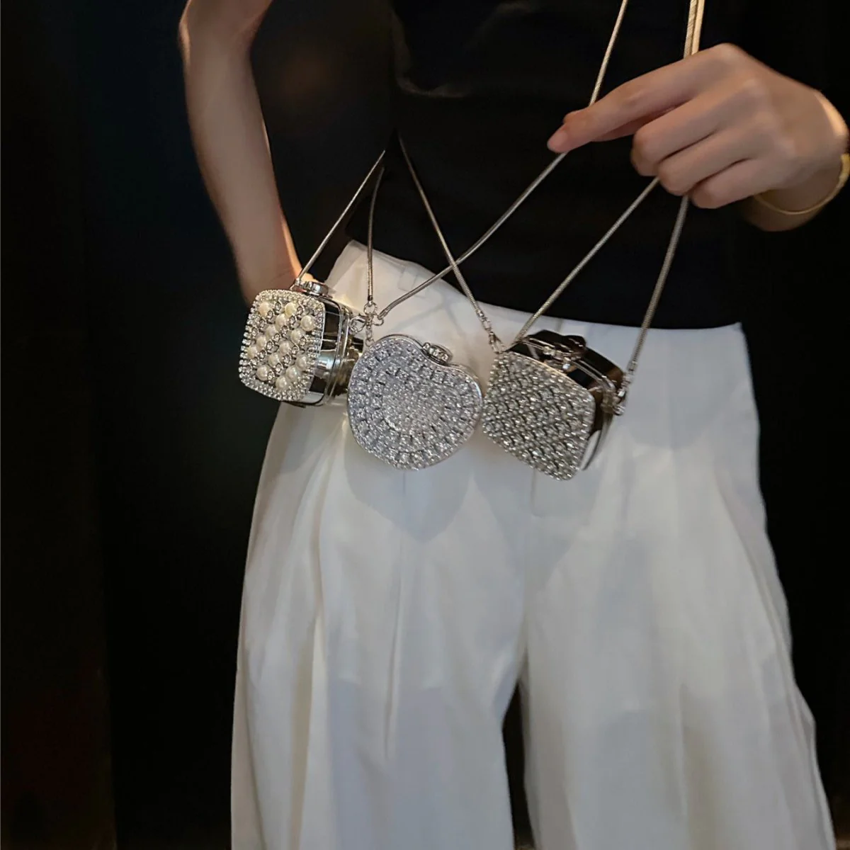Palm-Sized Diamond Mini Clutch Silver Glamour Gala Bag (MAC281) - Image 8