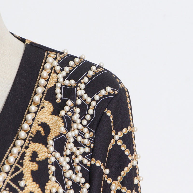 Pearl & Bead Embellished Vintage Blazer | Geometric Print Luxury Jacket(MS218) - Image 10
