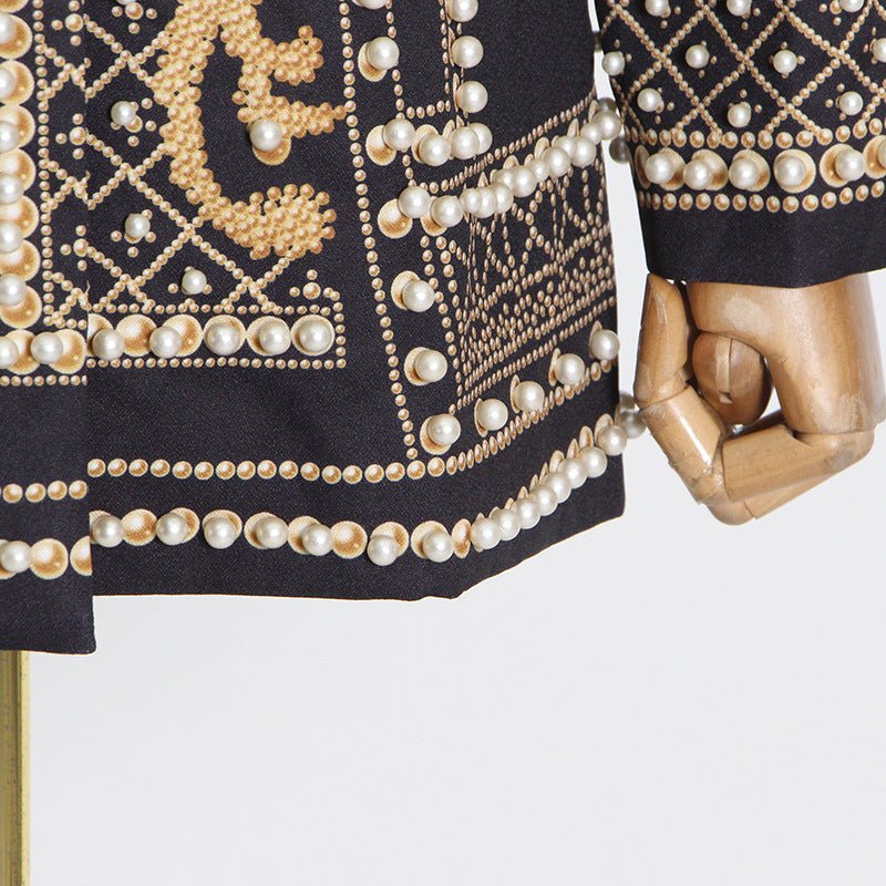 Pearl & Bead Embellished Vintage Blazer | Geometric Print Luxury Jacket(MS218) - Image 13