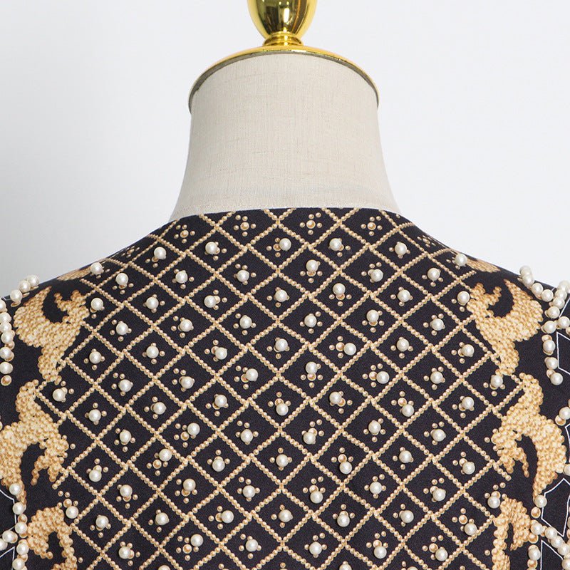 Pearl & Bead Embellished Vintage Blazer | Geometric Print Luxury Jacket(MS218) - Image 14