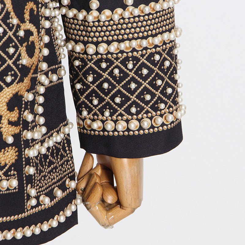 Pearl & Bead Embellished Vintage Blazer | Geometric Print Luxury Jacket(MS218) - Image 15