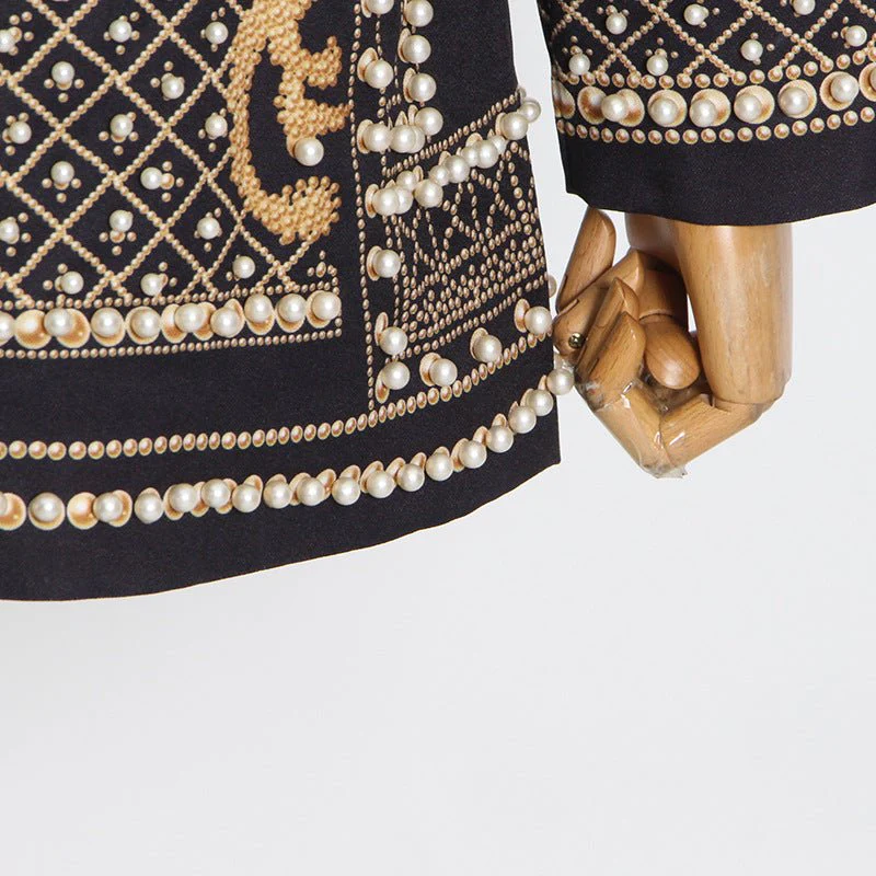 Pearl & Bead Embellished Vintage Blazer | Geometric Print Luxury Jacket(MS218) - Image 16