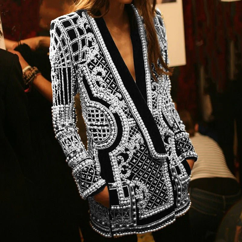 Pearl & Bead Embellished Vintage Blazer | Geometric Print Luxury Jacket(MS218) - Image 2