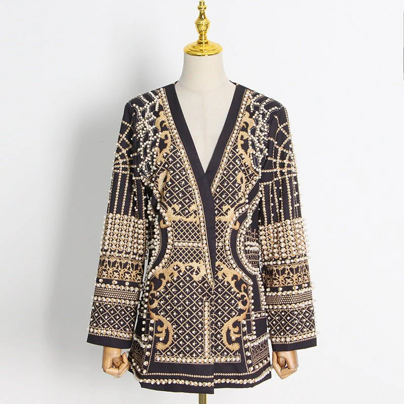 Pearl & Bead Embellished Vintage Blazer | Geometric Print Luxury Jacket(MS218) - Image 3