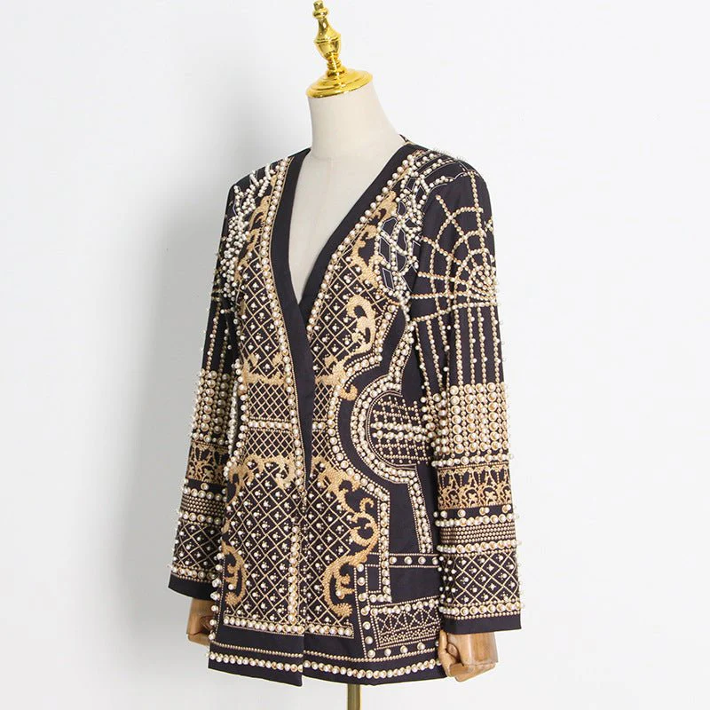 Pearl & Bead Embellished Vintage Blazer | Geometric Print Luxury Jacket(MS218) - Image 4