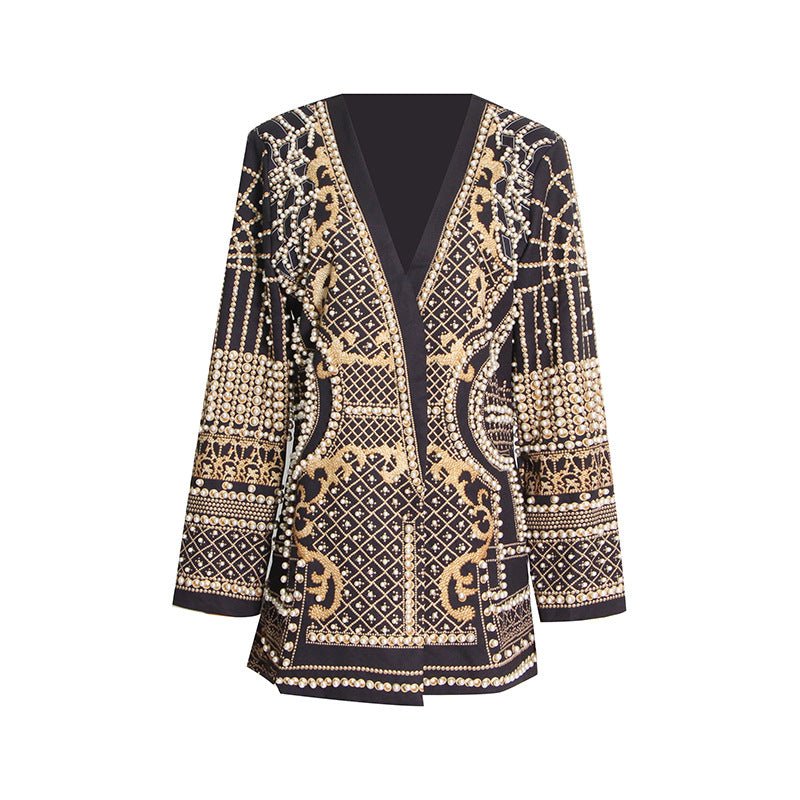 Pearl & Bead Embellished Vintage Blazer | Geometric Print Luxury Jacket(MS218) - Image 5