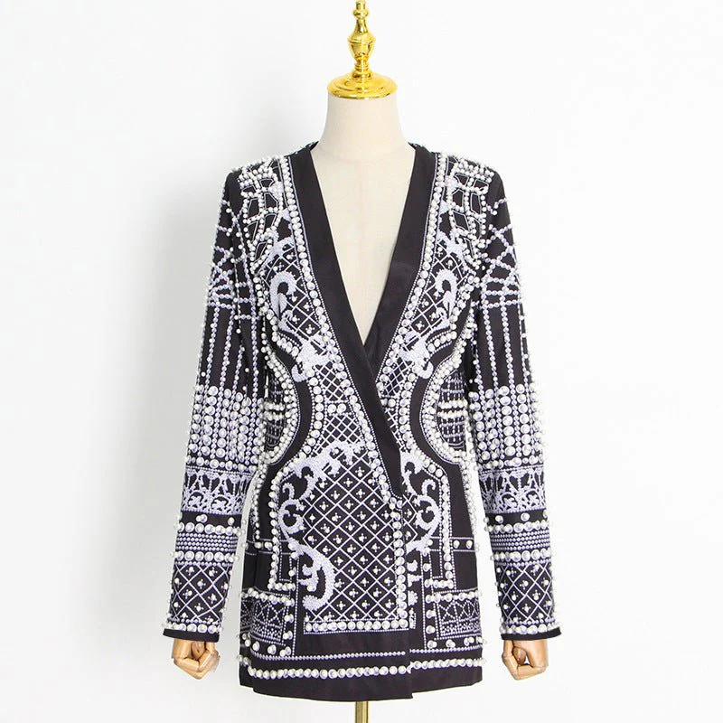 Pearl & Bead Embellished Vintage Blazer | Geometric Print Luxury Jacket(MS218) - Image 6