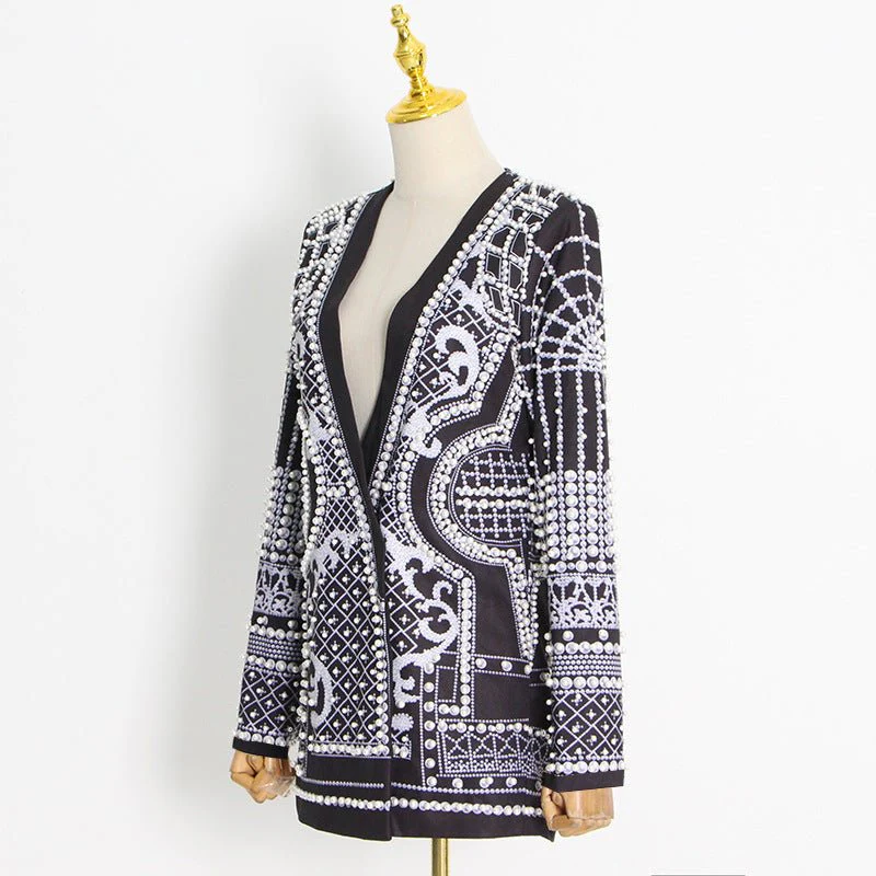 Pearl & Bead Embellished Vintage Blazer | Geometric Print Luxury Jacket(MS218) - Image 7