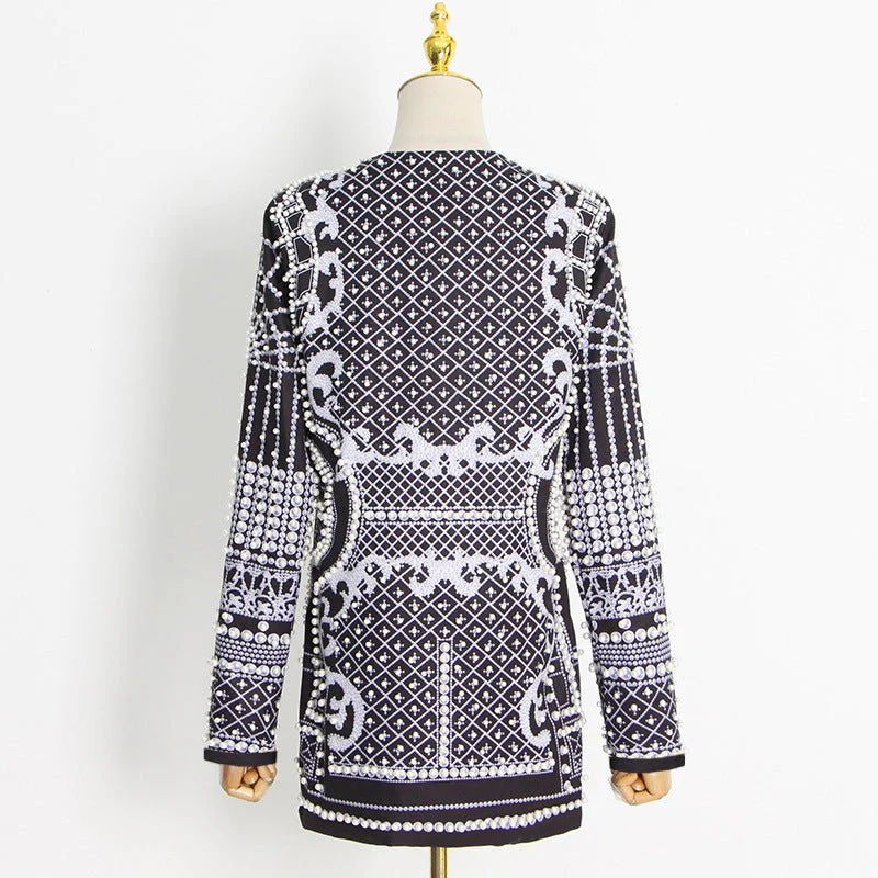 Pearl & Bead Embellished Vintage Blazer | Geometric Print Luxury Jacket(MS218) - Image 8