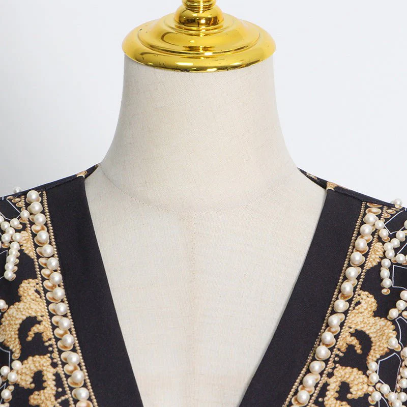 Pearl & Bead Embellished Vintage Blazer | Geometric Print Luxury Jacket(MS218) - Image 9