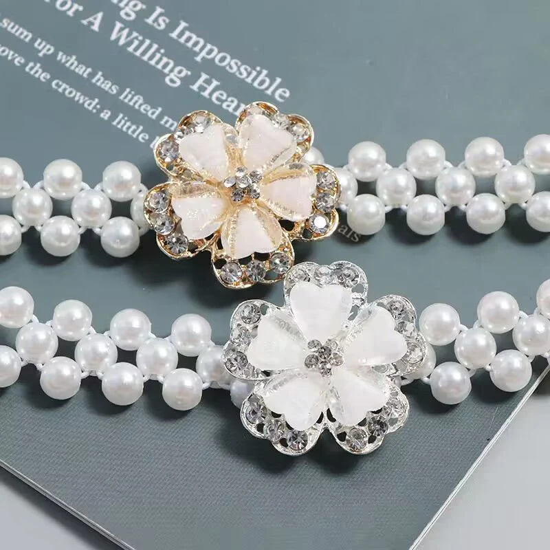 Pearl Elastic Waist Belt | Rhinestone Flower Stretch Belt(MAC362) - Image 2