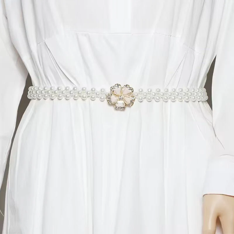 Pearl Elastic Waist Belt | Rhinestone Flower Stretch Belt(MAC362) - Image 3