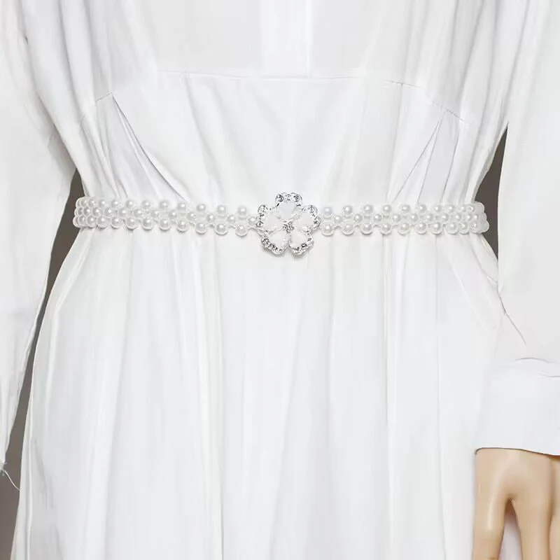 Pearl Elastic Waist Belt | Rhinestone Flower Stretch Belt(MAC362) - Image 4
