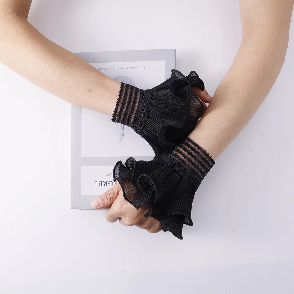 Pearl Embellished Double Ruffle Cuff Sleeves (MAC420) - Image 2