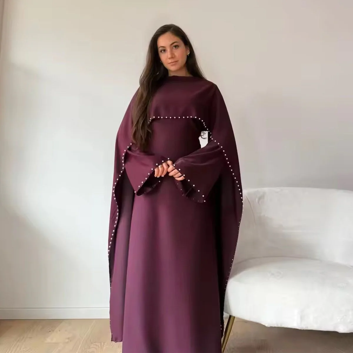 Pearl Embellished Kaftan Abaya | Luxury Cape Sleeve Maxi Dress(MA382) - Image 2