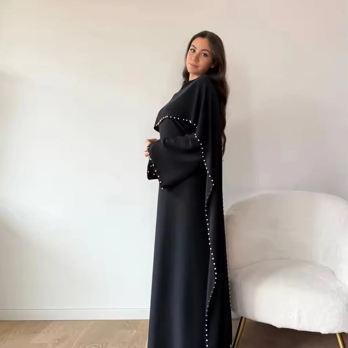 Pearl Embellished Kaftan Abaya | Luxury Cape Sleeve Maxi Dress(MA382) - Image 3