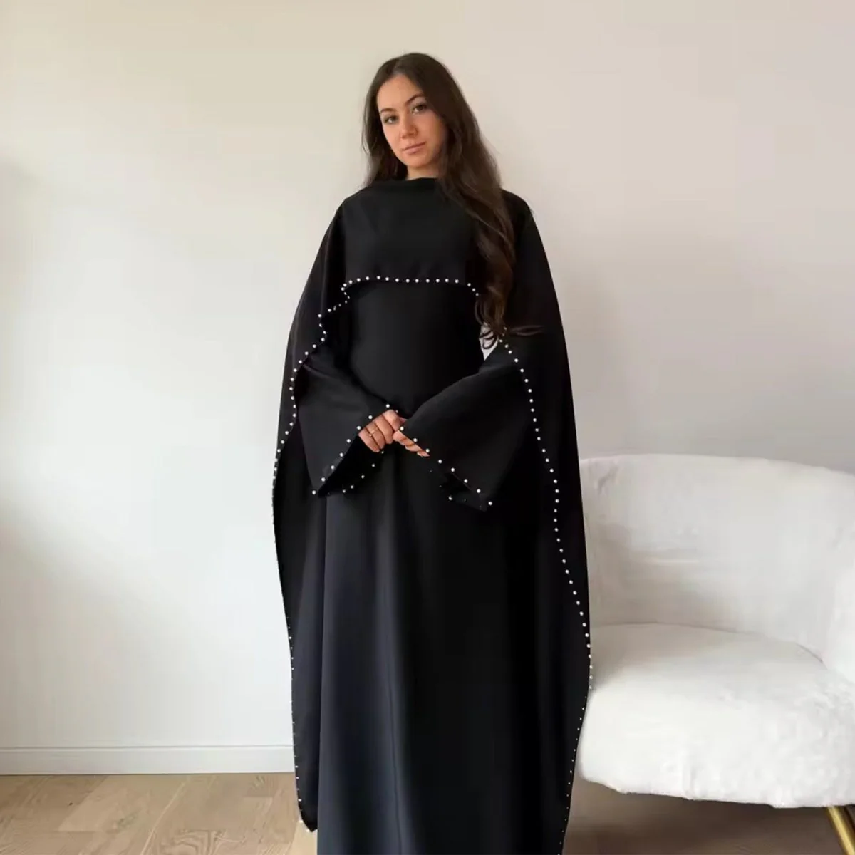 Pearl Embellished Kaftan Abaya | Luxury Cape Sleeve Maxi Dress(MA382) - Image 4