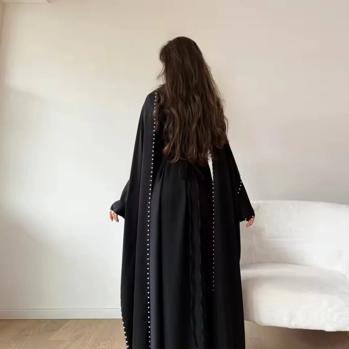 Pearl Embellished Kaftan Abaya | Luxury Cape Sleeve Maxi Dress(MA382) - Image 5